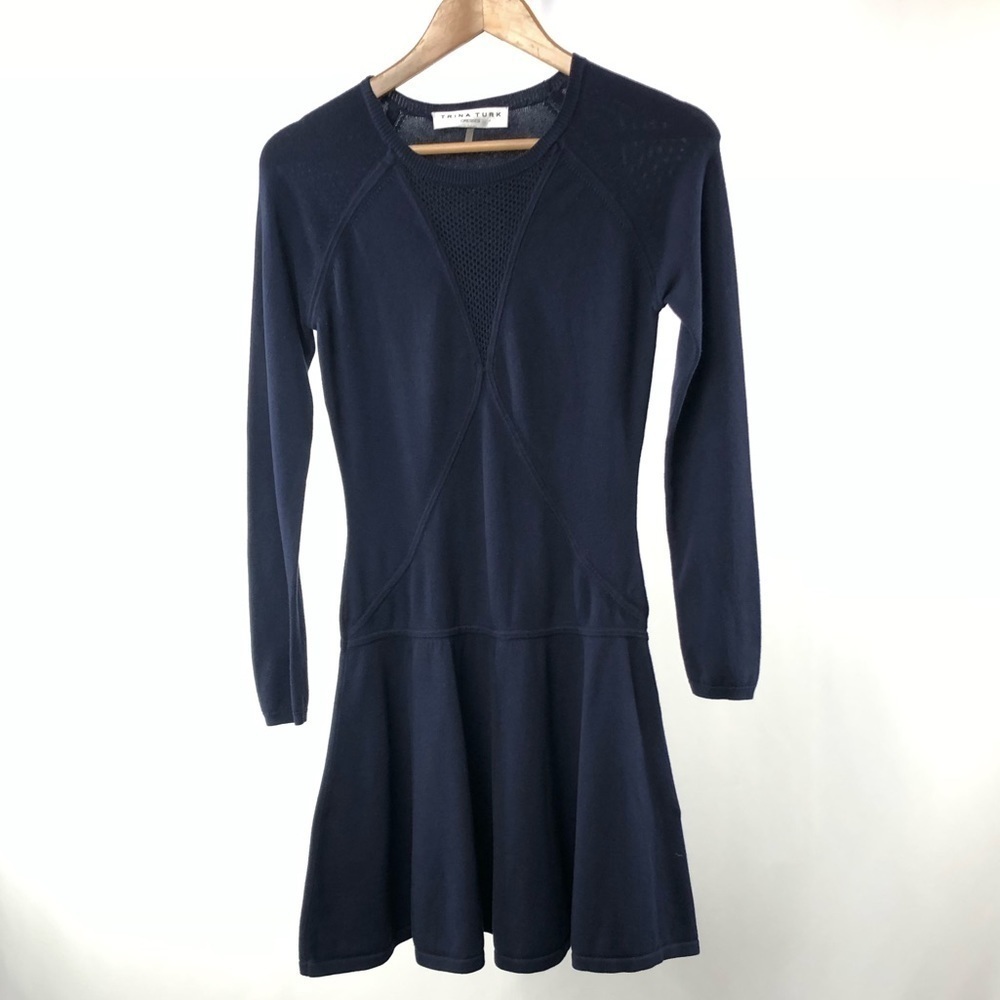 Trina Turk Lucia Long Sleeve Fit and Flare Sweater Dress in Navy Size Small - Picture 2 of 9
